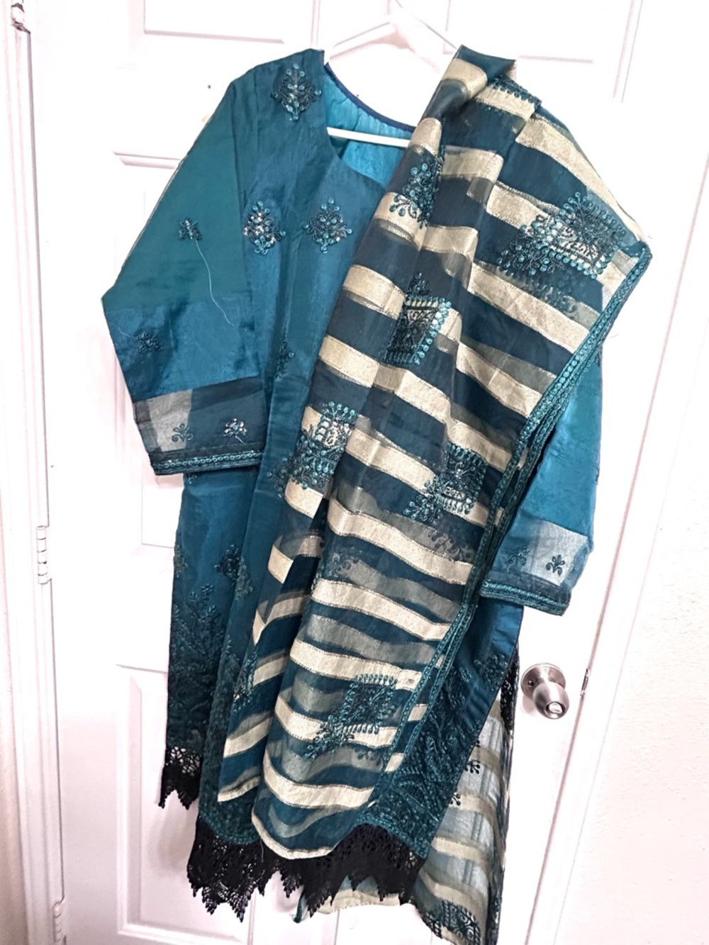 Embroidered Teal Salwar Kameez with Gold-Striped Dupatta